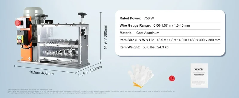 SucceBuy Electric Wire Stripping Machine Cable Stripper Peeler 750W 1.5-32mm 10 Channels Acrylic+Aluminum Scrap Copper Recycling