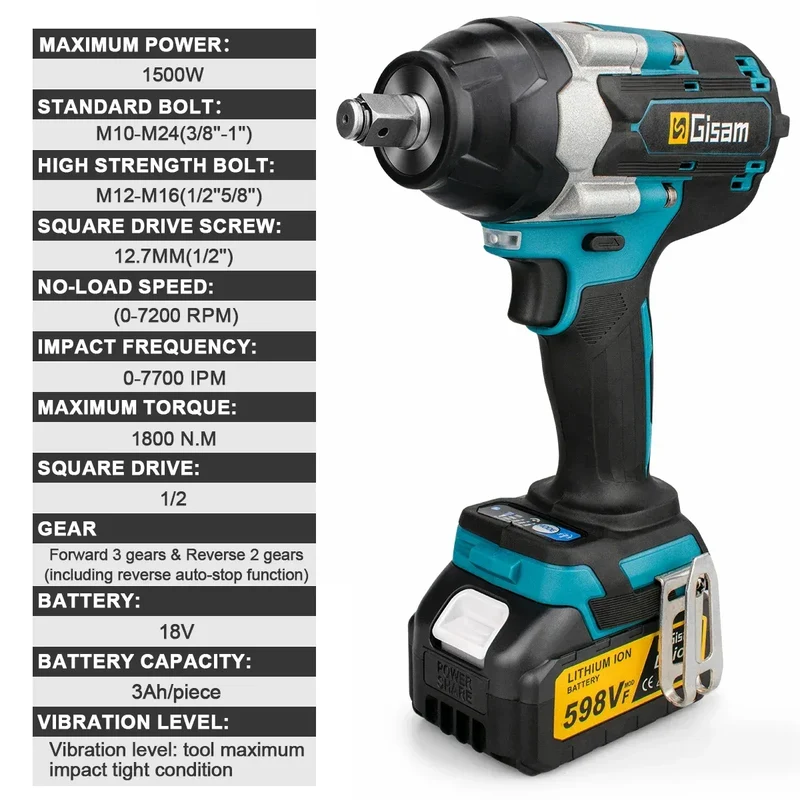 Gisam 1800N.M Torque Brushless Electric Impact Wrench 1/2 inch Screwdriver Cordless Wrench Power Tool For Makita 18V Battery Pin