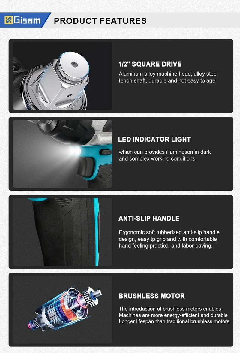 Gisam 1800N.M Torque Brushless Electric Impact Wrench 1/2 inch Screwdriver Cordless Wrench Power Tool For Makita 18V Battery Pin
