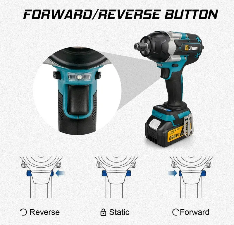 Gisam 1800N.M Torque Brushless Electric Impact Wrench 1/2 inch Screwdriver Cordless Wrench Power Tool For Makita 18V Battery Pin