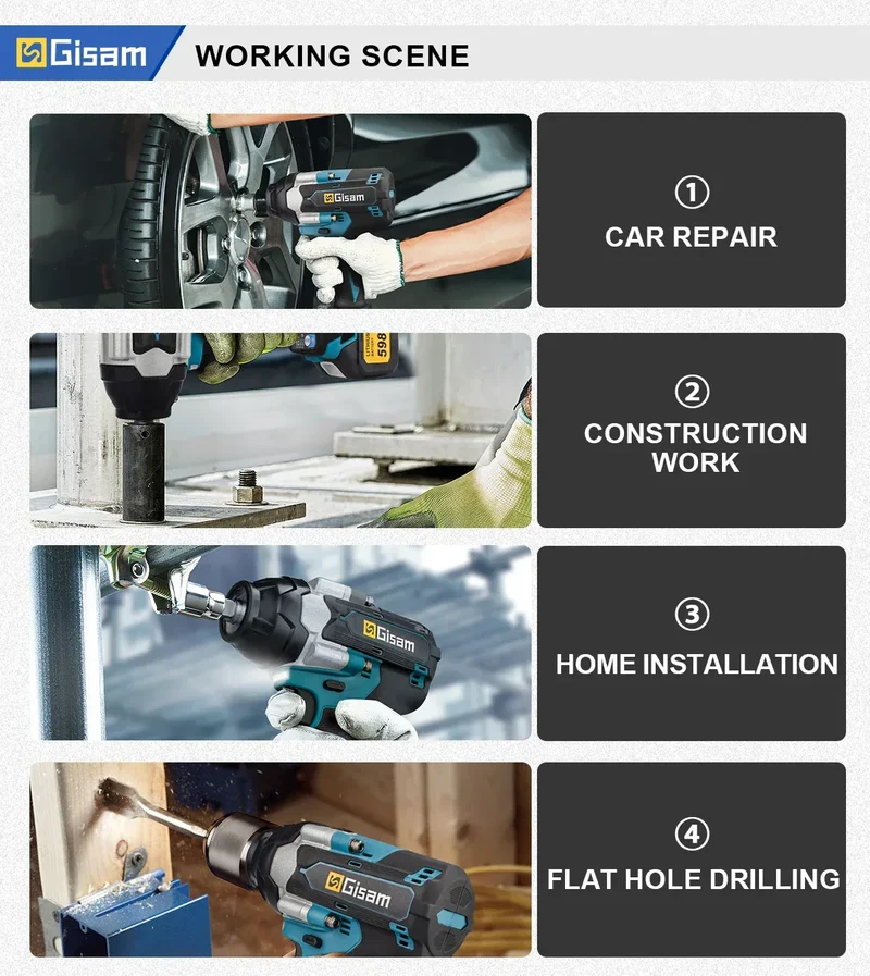 Gisam 1800N.M Torque Brushless Electric Impact Wrench 1/2 inch Screwdriver Cordless Wrench Power Tool For Makita 18V Battery Pin