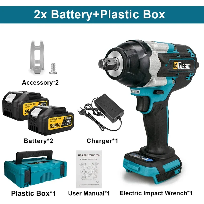 Gisam 1800N.M Torque Brushless Electric Impact Wrench 1/2 inch Screwdriver Cordless Wrench Power Tool For Makita 18V Battery Pin