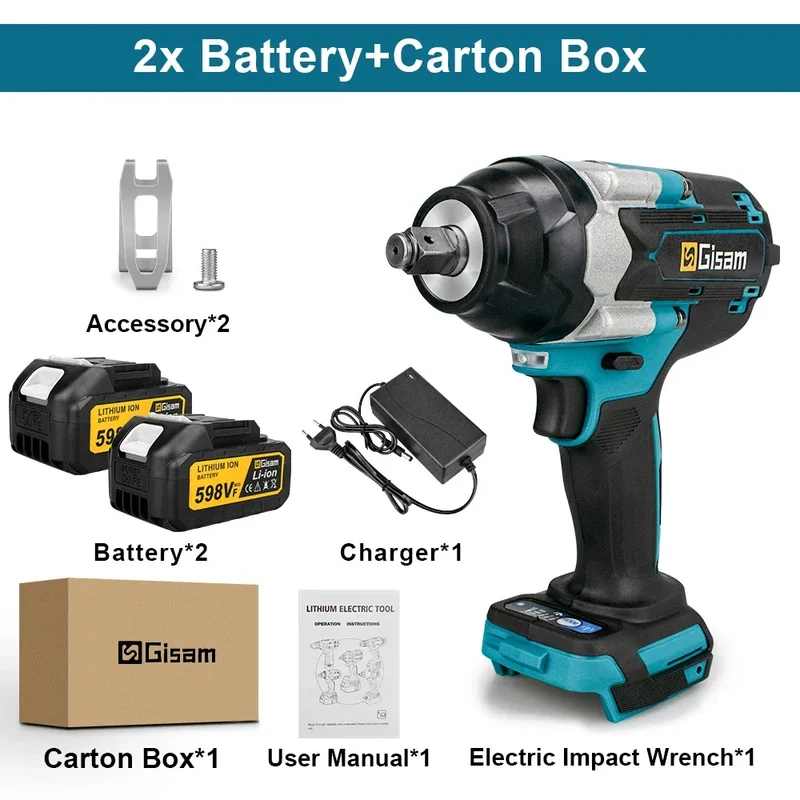 Gisam 1800N.M Torque Brushless Electric Impact Wrench 1/2 inch Screwdriver Cordless Wrench Power Tool For Makita 18V Battery Pin