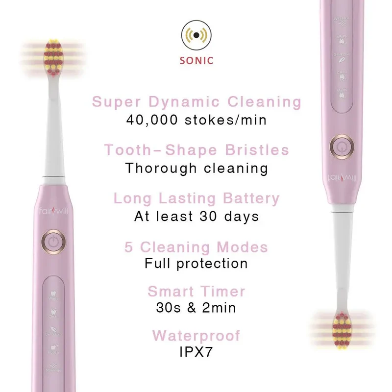 Fairywill Electric Sonic Toothbrush FW-507 USB Charge Rechargeable Adult Waterproof Electronic Tooth Brushes Replacement Heads s