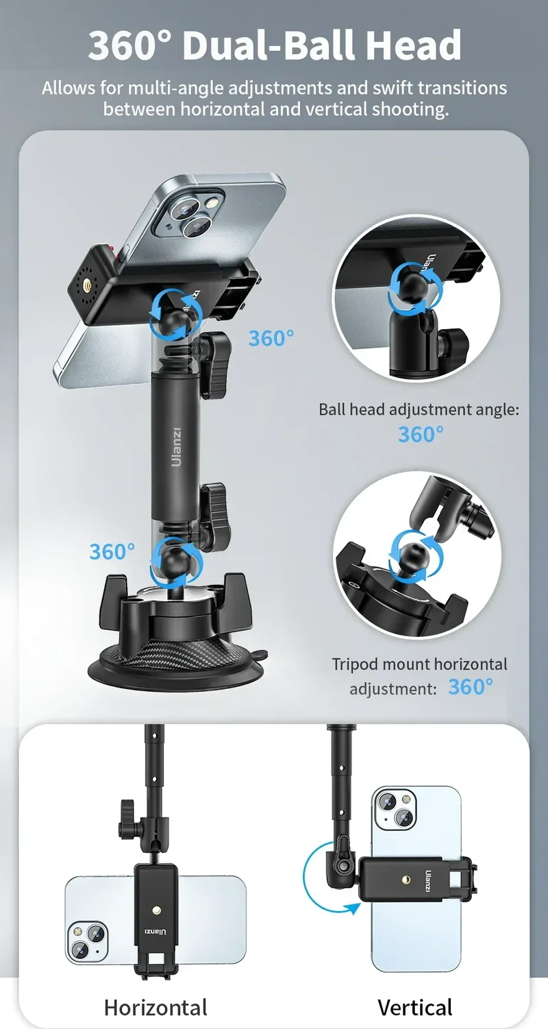 Ulanzi Go-Quick II Action Camera Smartphone Suction Cup Mount 1/4'' Screw 360° Ballhead For GoPro for Insta360 Phone Car Holder