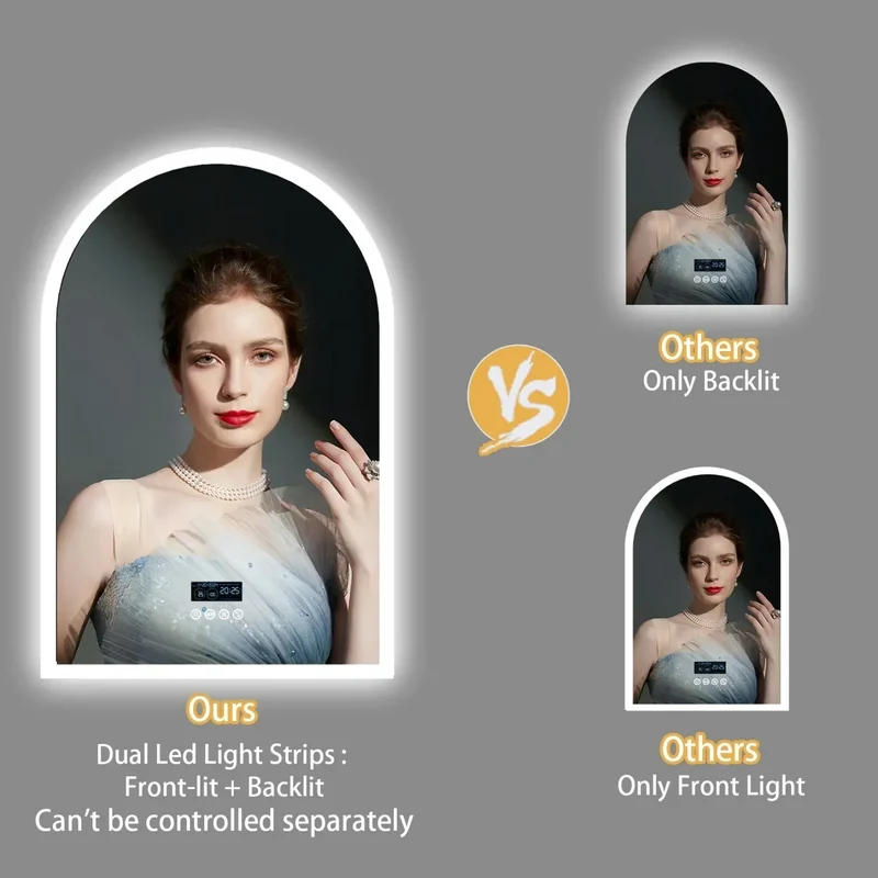 60x90CM Arched LED Mirror for Bathroom Backlight Wall Vanity Mirror w/ Bluetooth, Date and Time, Touch Antifog, Digital Display