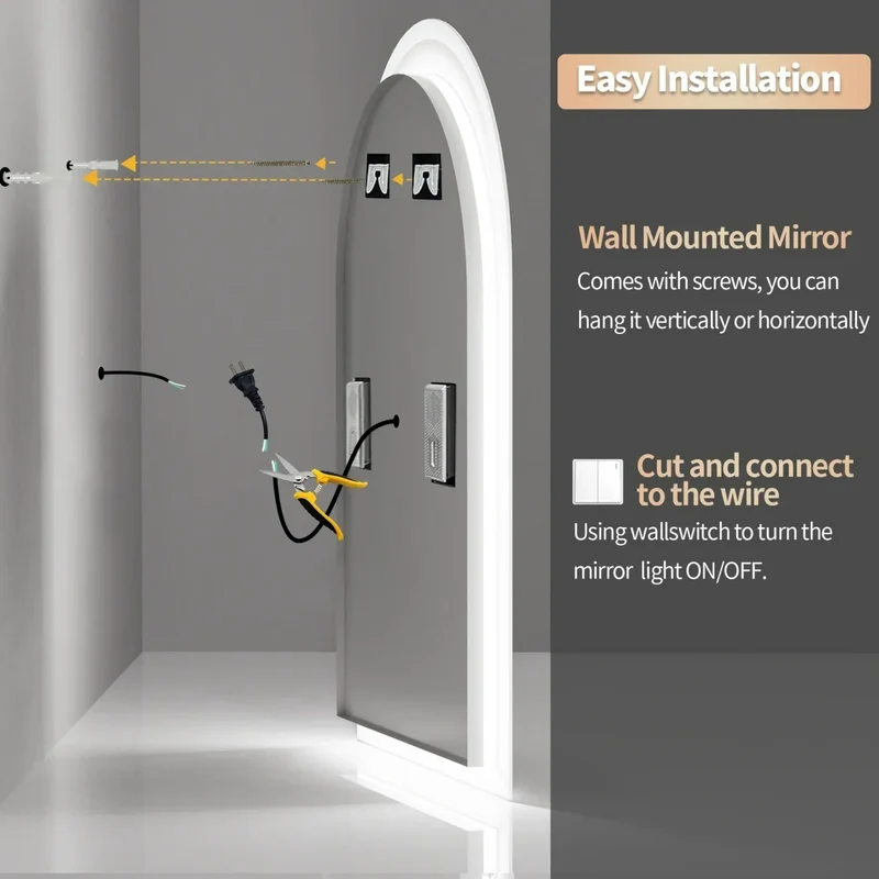 60x90CM Arched LED Mirror for Bathroom Backlight Wall Vanity Mirror w/ Bluetooth, Date and Time, Touch Antifog, Digital Display