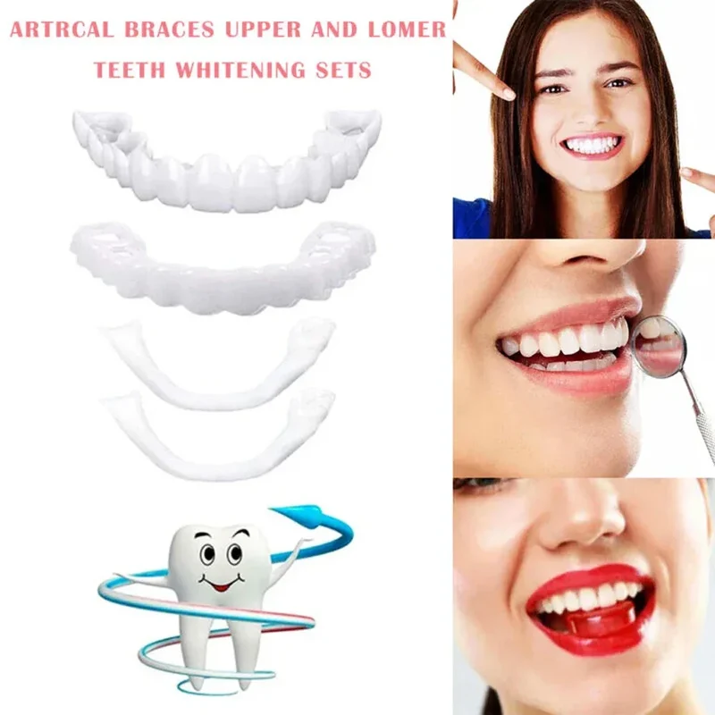 2 Pairs Smile Whitening Teeth Snap On Silicone Cosmetic Denture Upper and Lower Fake Tooth Cover Perfect Fit Teeth Beauty Tool