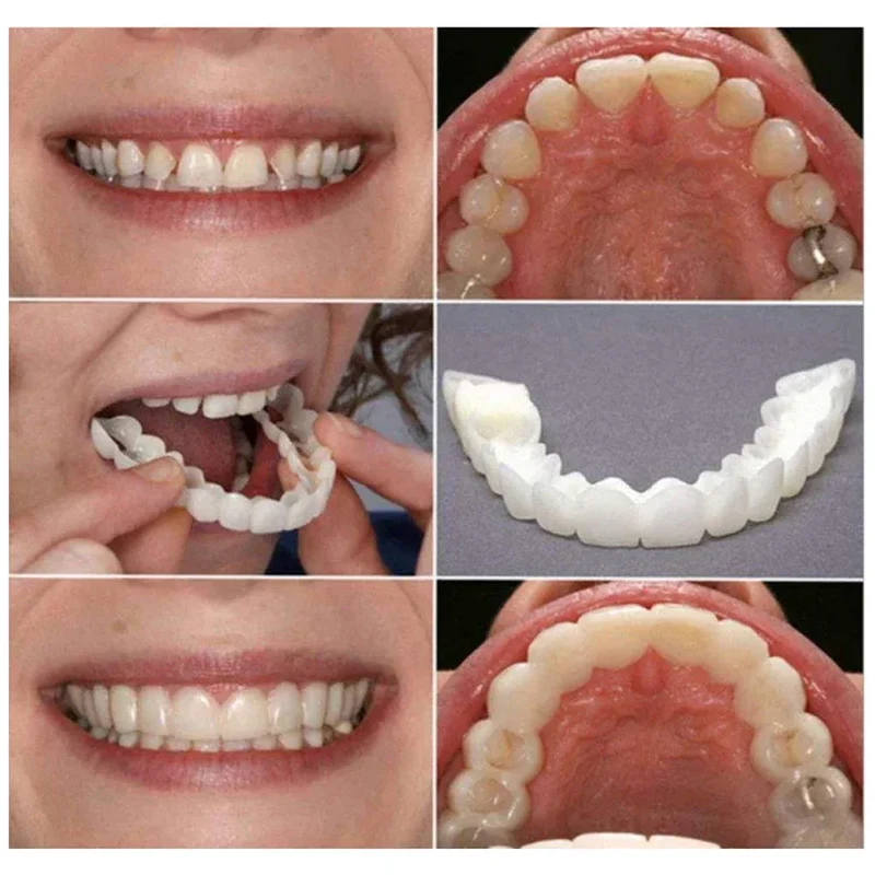 2 Pairs Smile Whitening Teeth Snap On Silicone Cosmetic Denture Upper and Lower Fake Tooth Cover Perfect Fit Teeth Beauty Tool