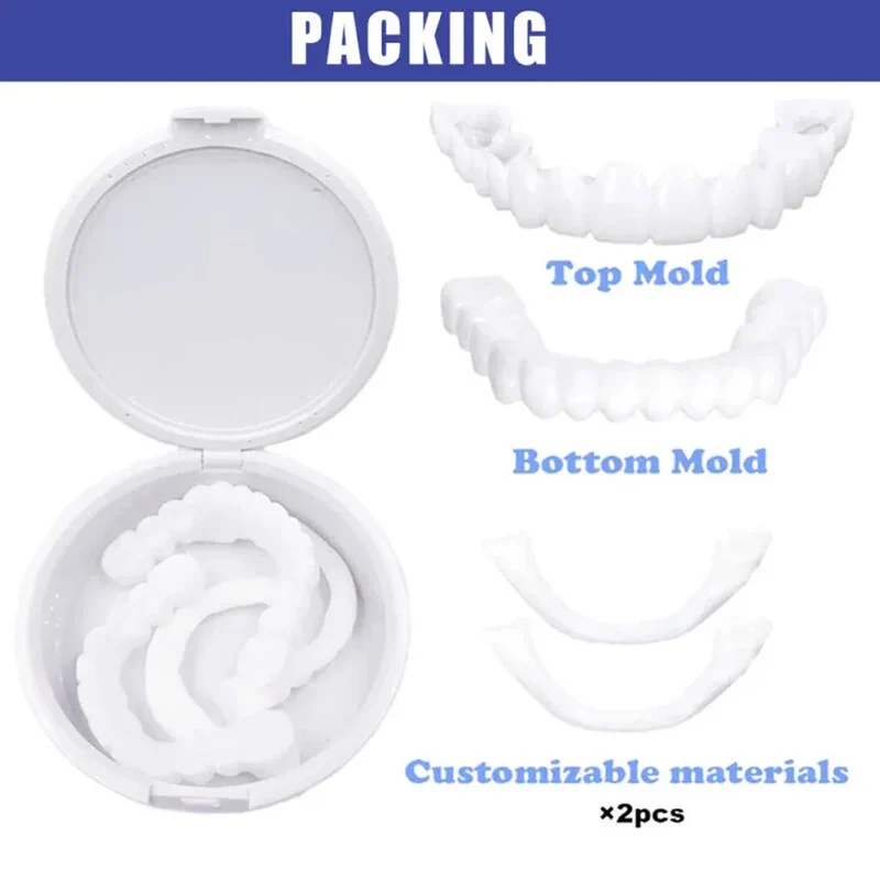 2 Pairs Smile Whitening Teeth Snap On Silicone Cosmetic Denture Upper and Lower Fake Tooth Cover Perfect Fit Teeth Beauty Tool