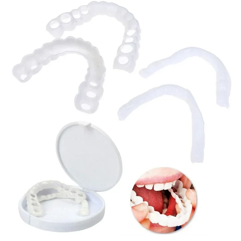 2 Pairs Smile Whitening Teeth Snap On Silicone Cosmetic Denture Upper and Lower Fake Tooth Cover Perfect Fit Teeth Beauty Tool