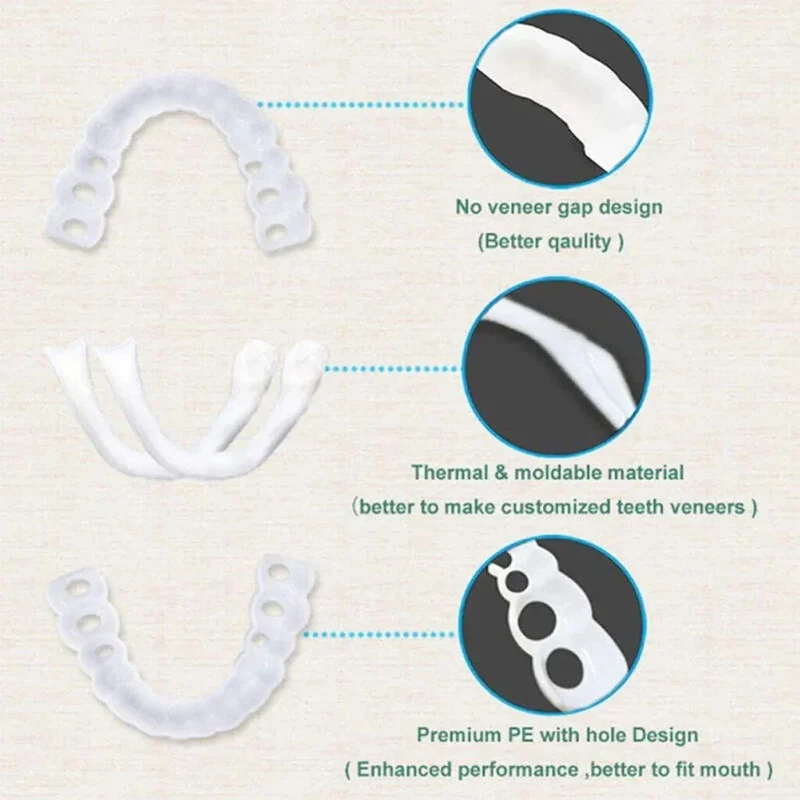 2 Pairs Smile Whitening Teeth Snap On Silicone Cosmetic Denture Upper and Lower Fake Tooth Cover Perfect Fit Teeth Beauty Tool