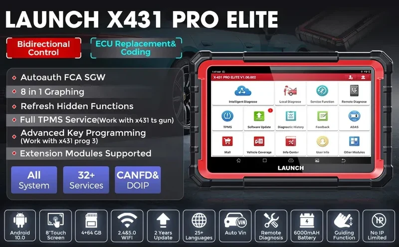LAUNCH X431 PRO ELITE 8 inch Car Diagnostic Tools Auto OBD OBD2 Scanner All System CAN FD/DOIP Active Test 31 Reset ECU Coding