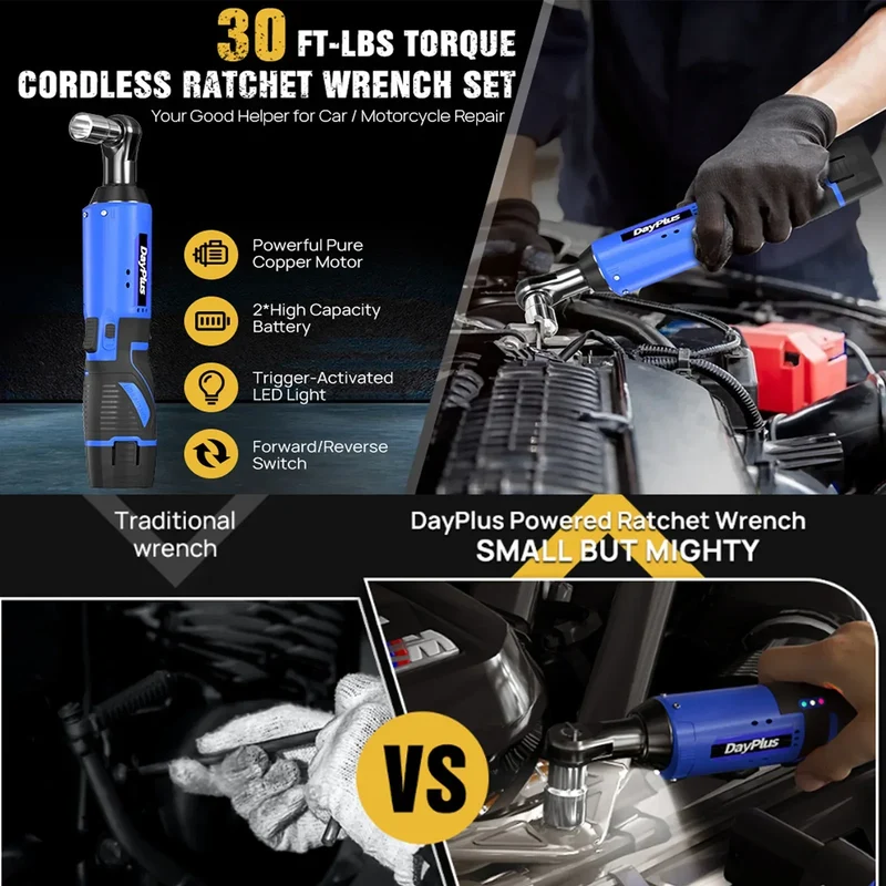 Electric Cordless Right Ratchet 3/8'' 90° Angle Wrench with LED Work Light +7pcs Sockets Set Power Ratchet Wrenches, 2 Battery