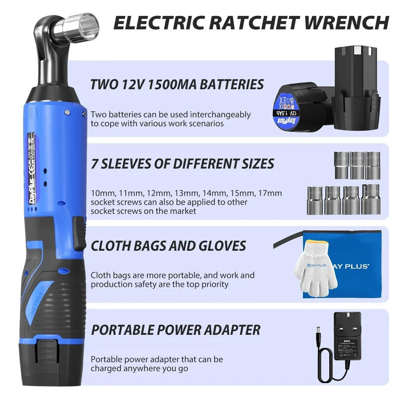 Electric Cordless Right Ratchet 3/8'' 90° Angle Wrench with LED Work Light +7pcs Sockets Set Power Ratchet Wrenches, 2 Battery