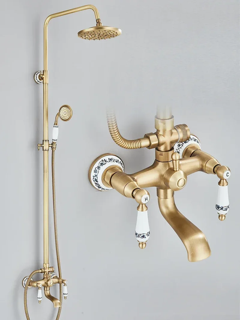 Retro Shower System Antique Brass Rainfall Shower With Handheld Shower Tub Spout For Bath Shower