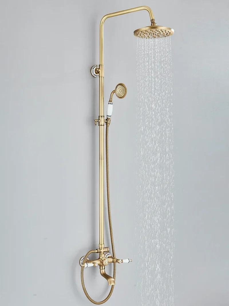 Retro Shower System Antique Brass Rainfall Shower With Handheld Shower Tub Spout For Bath Shower