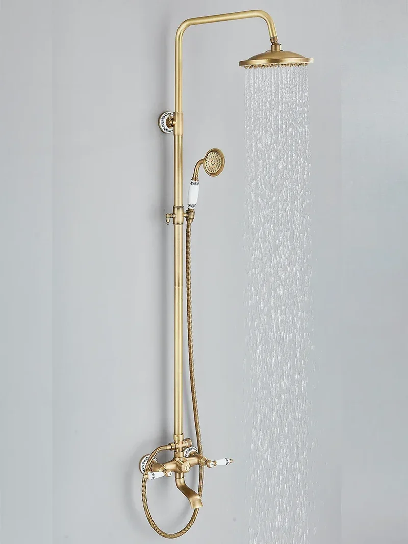 Retro Shower System Antique Brass Rainfall Shower With Handheld Shower Tub Spout For Bath Shower