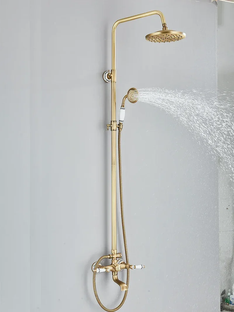 Retro Shower System Antique Brass Rainfall Shower With Handheld Shower Tub Spout For Bath Shower