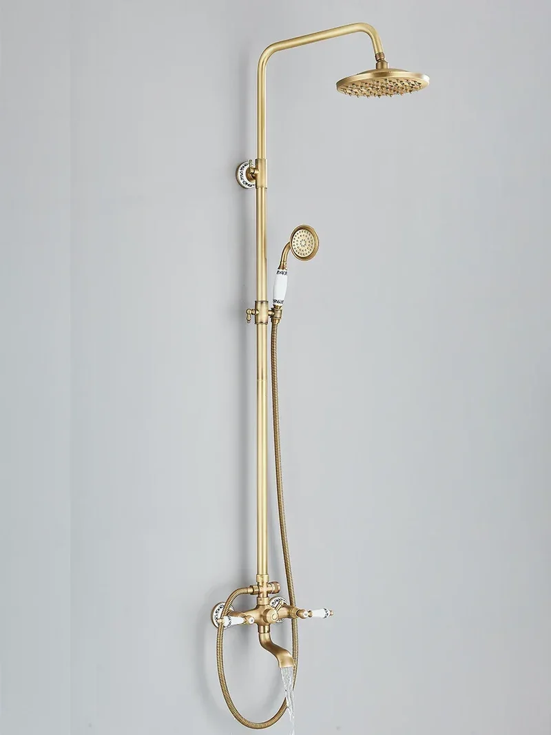 Retro Shower System Antique Brass Rainfall Shower With Handheld Shower Tub Spout For Bath Shower