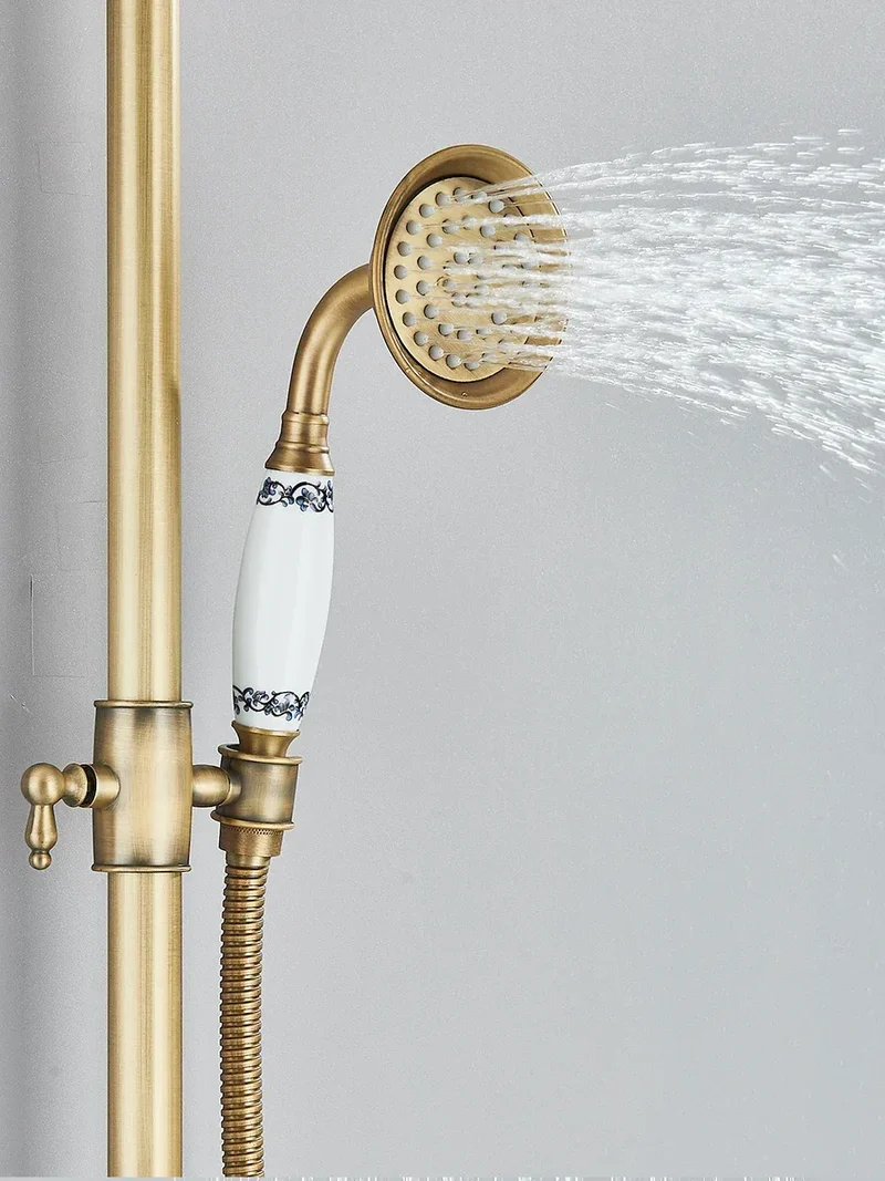 Retro Shower System Antique Brass Rainfall Shower With Handheld Shower Tub Spout For Bath Shower