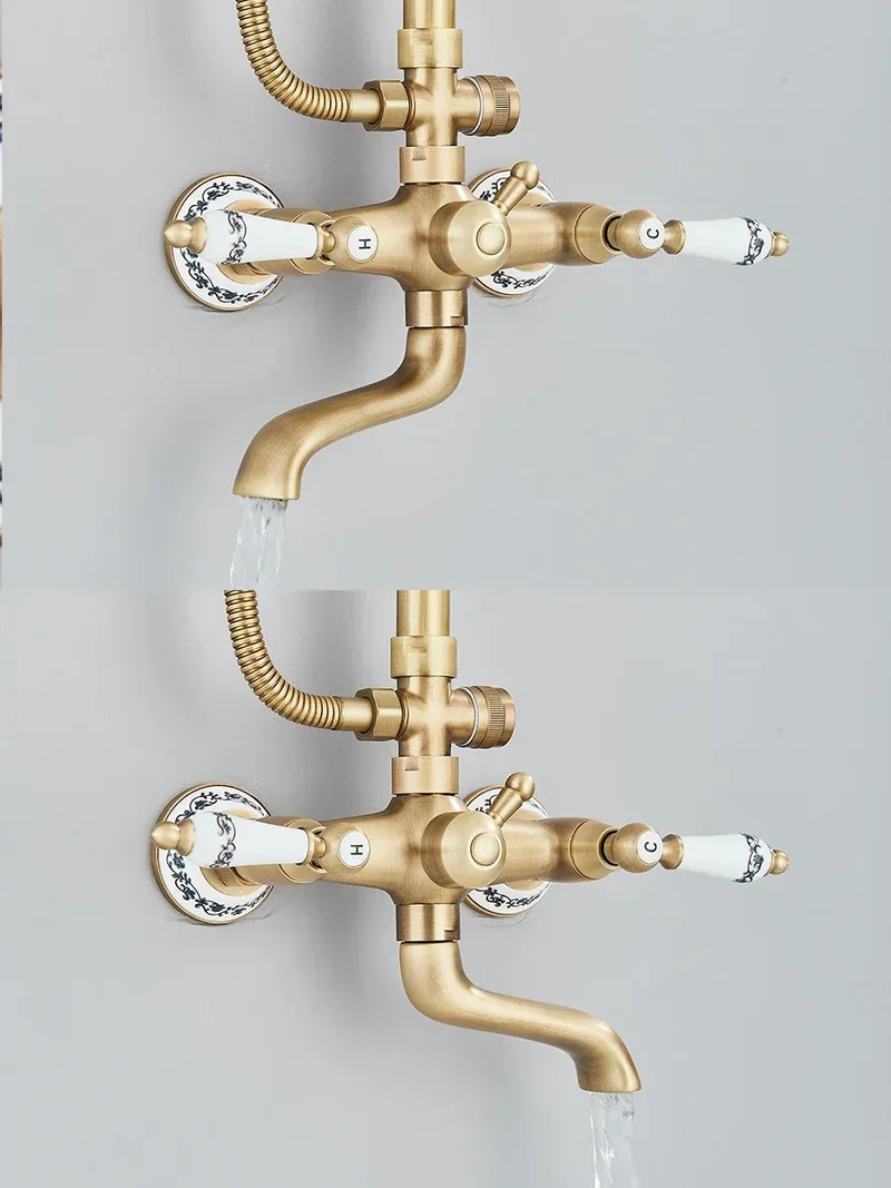 Retro Shower System Antique Brass Rainfall Shower With Handheld Shower Tub Spout For Bath Shower