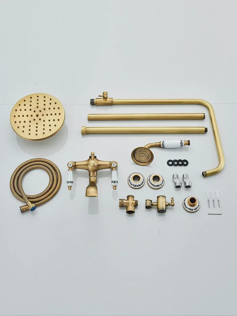 Retro Shower System Antique Brass Rainfall Shower With Handheld Shower Tub Spout For Bath Shower