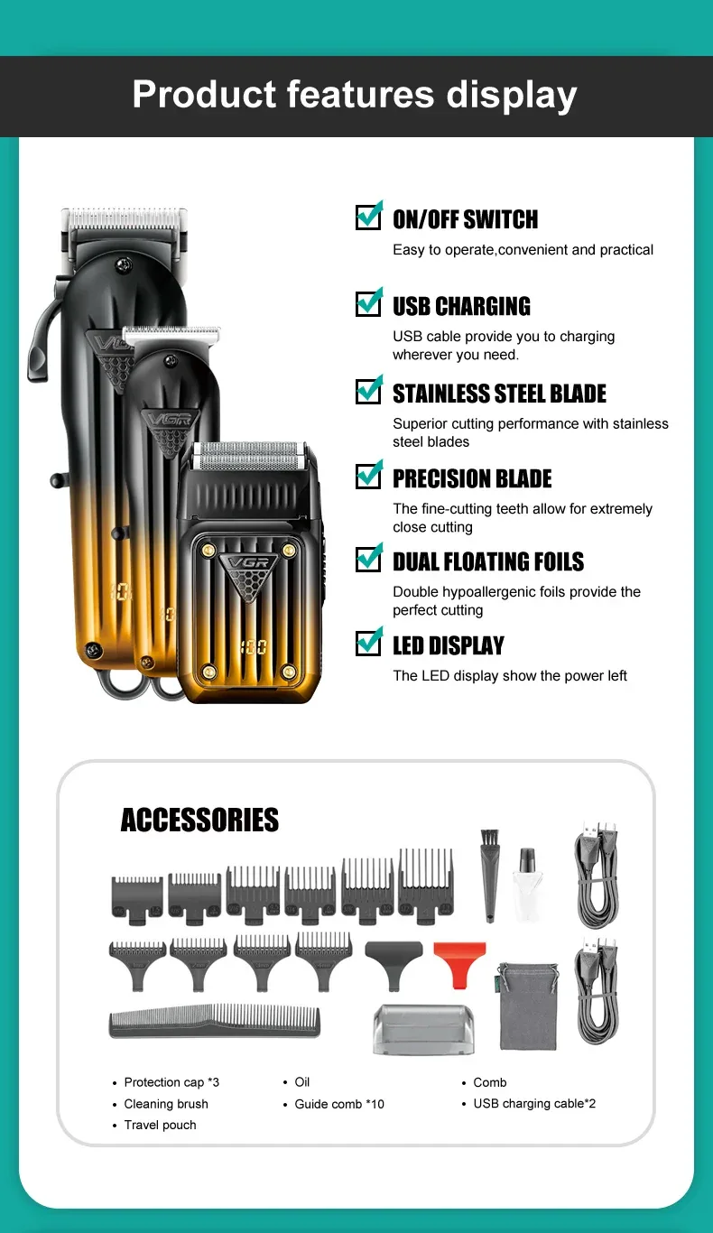 VGR 644 gradient hair cutting combination electric shaver rechargeable professional men's hair clipper carving electric pusher
