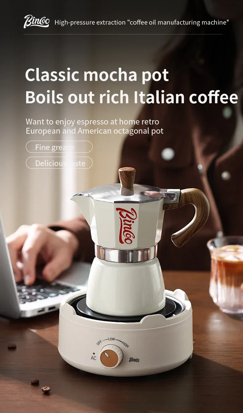 Bincoo Moka Pot and Electric Stove Combo Espresso Maker Compact Design for Small Spaces for Rich Italian Style Coffee Brewing