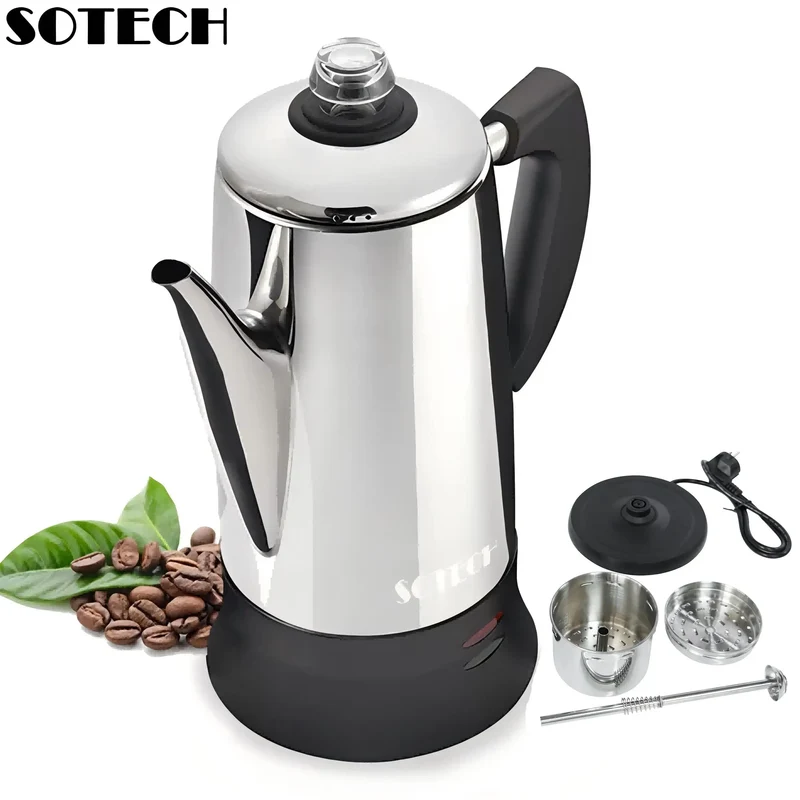 Stainless Steel Electric Coffee Percolator 110v 220v Coffee Maker Pot Cafe Maker Coffee Tools Gift for Coffee Lovers 12Cups