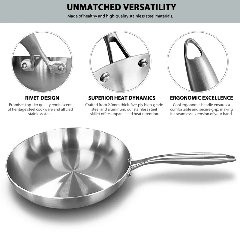 304 Stainless Steel Frying Pan, NonStick Pan Fried Steak Pot Uncoated Kitchen Cookware For Gas Stove and Induction Cooker