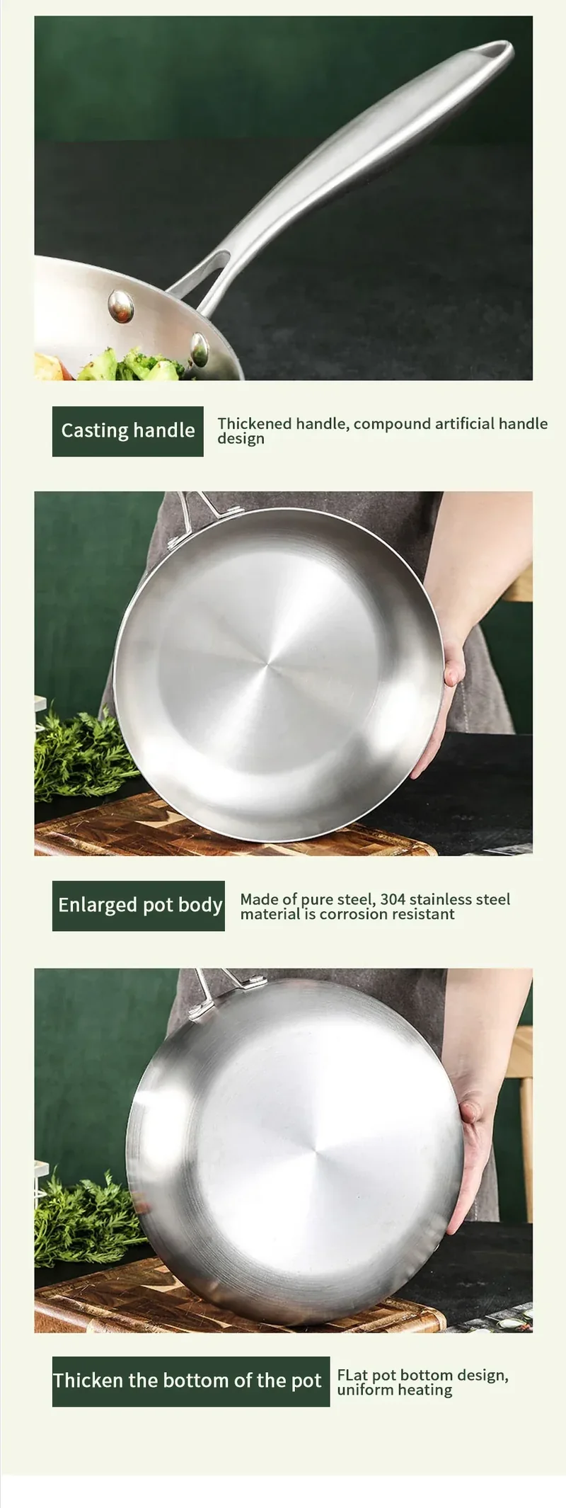 304 Stainless Steel Frying Pan, NonStick Pan Fried Steak Pot Uncoated Kitchen Cookware For Gas Stove and Induction Cooker