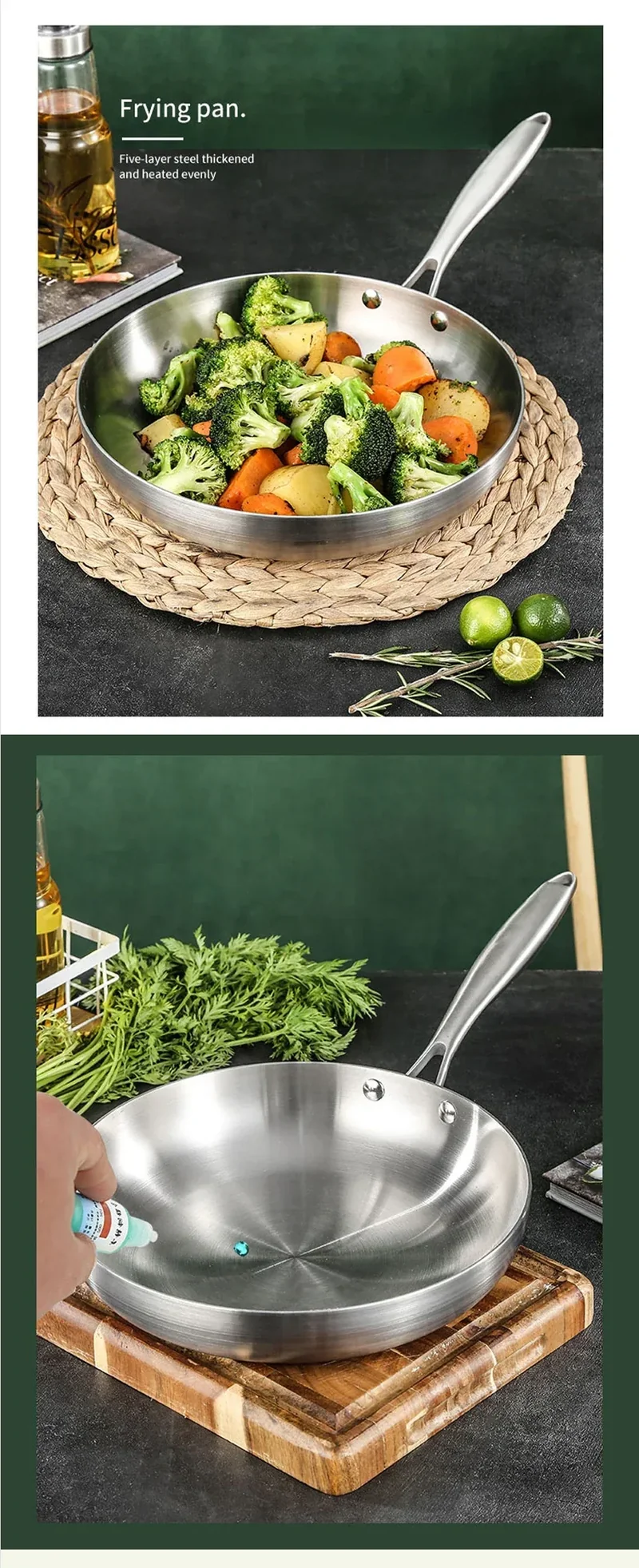 304 Stainless Steel Frying Pan, NonStick Pan Fried Steak Pot Uncoated Kitchen Cookware For Gas Stove and Induction Cooker