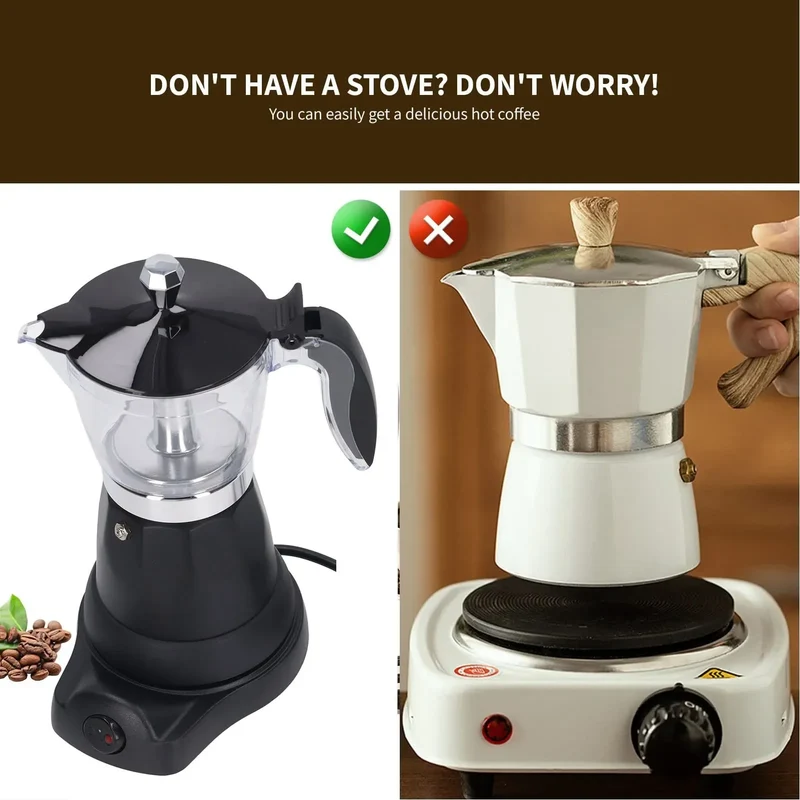 Portable 6 Cup Electric Coffee Maker Transparent Top Italian Coffee Pot Machine 300ML for Home