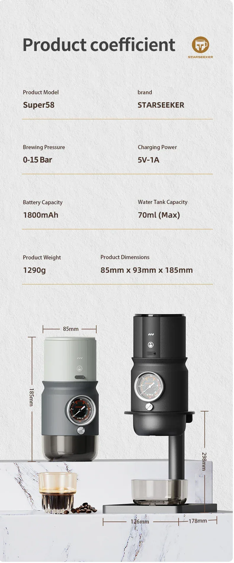 STARSEEKER Super58 Portable Electric Espresso Machine Travel Coffee Maker For Camping Car Coffee Maker With USB-C Bracket Tamper