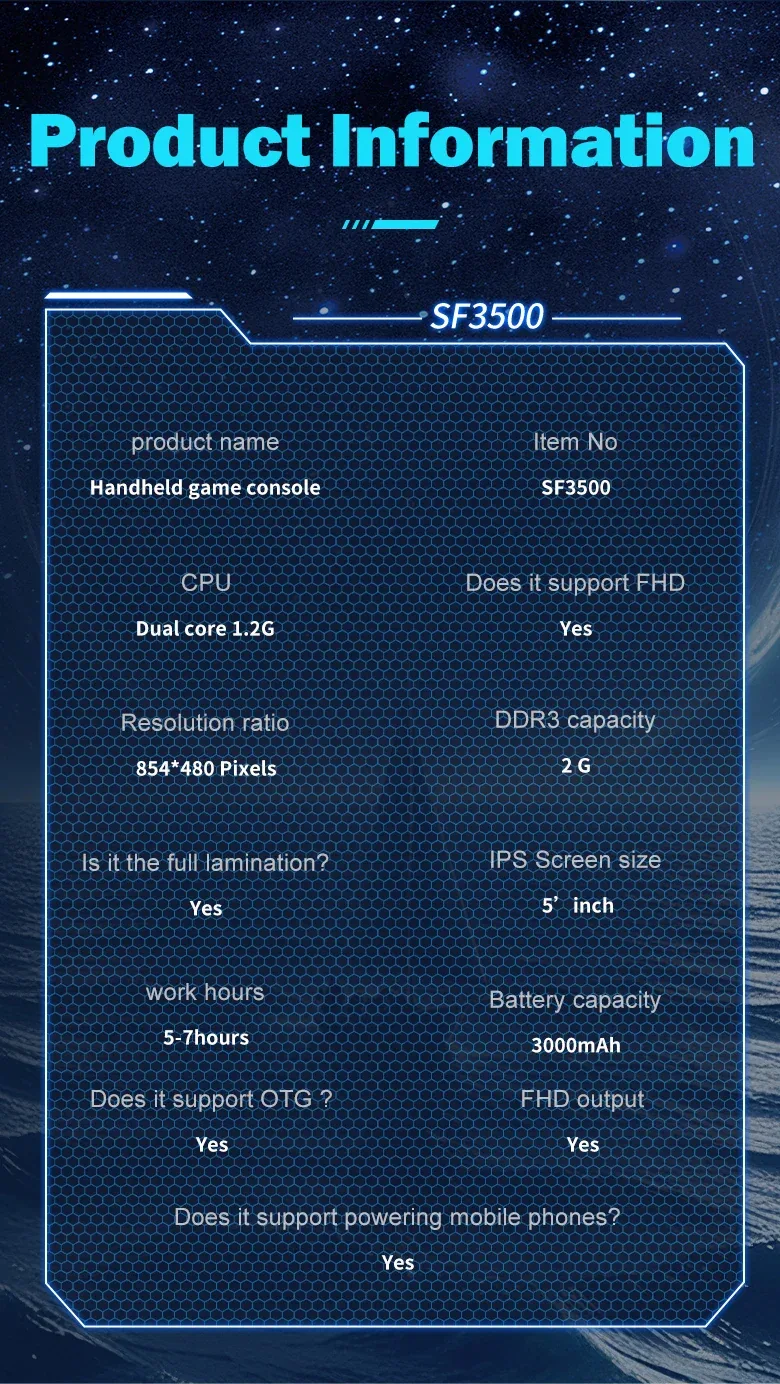 Multifunctional 5 Inch IPS HD Retro Handheld Game Console SF3500 Support Multi-System with FHD Port& Dual Core,256GB Expandable