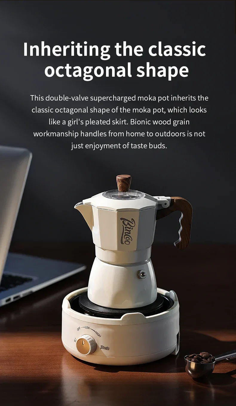 Bincoo Dual Valve Moka Pot Espresso Machine Extraction Coffee Mocha Pot，Electric Heating Furnace Italian Home Barista Tool 220V