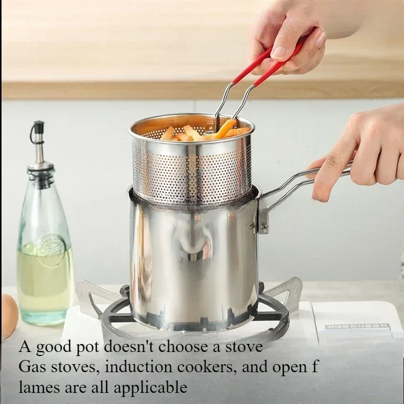 Stainless Steel Deep Fryer with Basket Multi-Purpose for Home/Commercial Tempura Chicken Frying Anti-Slip Base Cool Handle wok