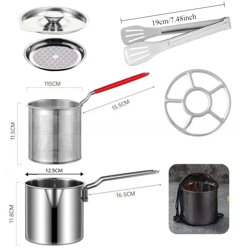 Stainless Steel Deep Fryer with Basket Multi-Purpose for Home/Commercial Tempura Chicken Frying Anti-Slip Base Cool Handle wok