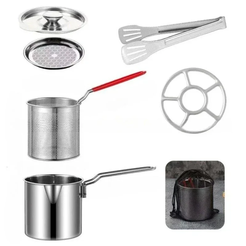 Stainless Steel Deep Fryer with Basket Multi-Purpose for Home/Commercial Tempura Chicken Frying Anti-Slip Base Cool Handle wok