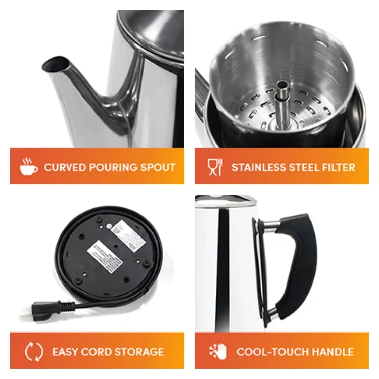 1.8L Electric Coffee Percolator 12 Cup Stainless Steel Coffee Pot with Keep Warm Function Reusable Filter Basket Coffee Maker