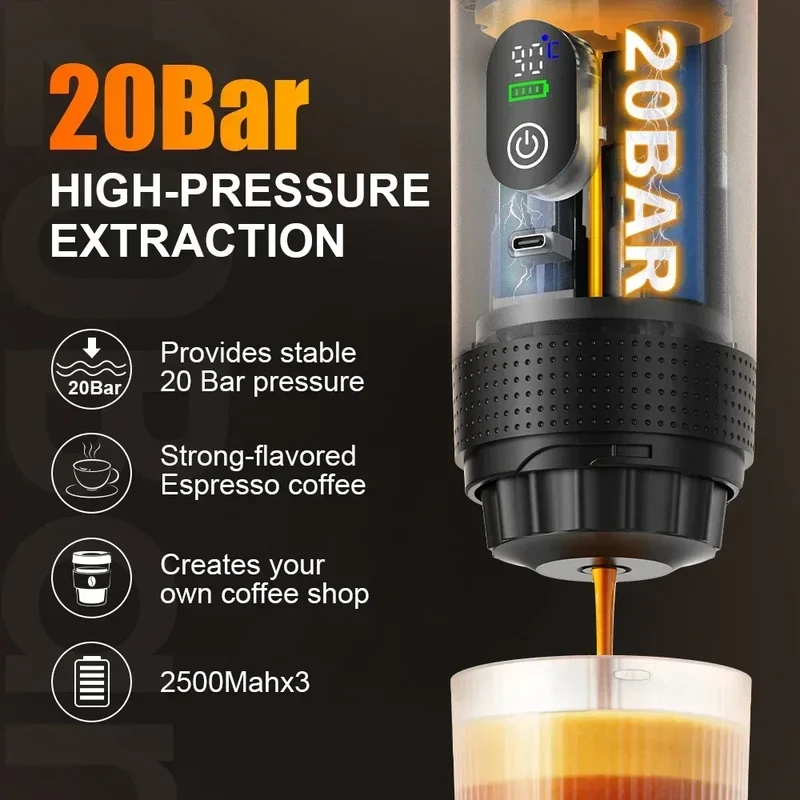 DENOKIN Portable Espresso Coffee Machine With Digital Display 3-in-1 Capsule Coffee Maker for Car & Home Camping Coffee Maker