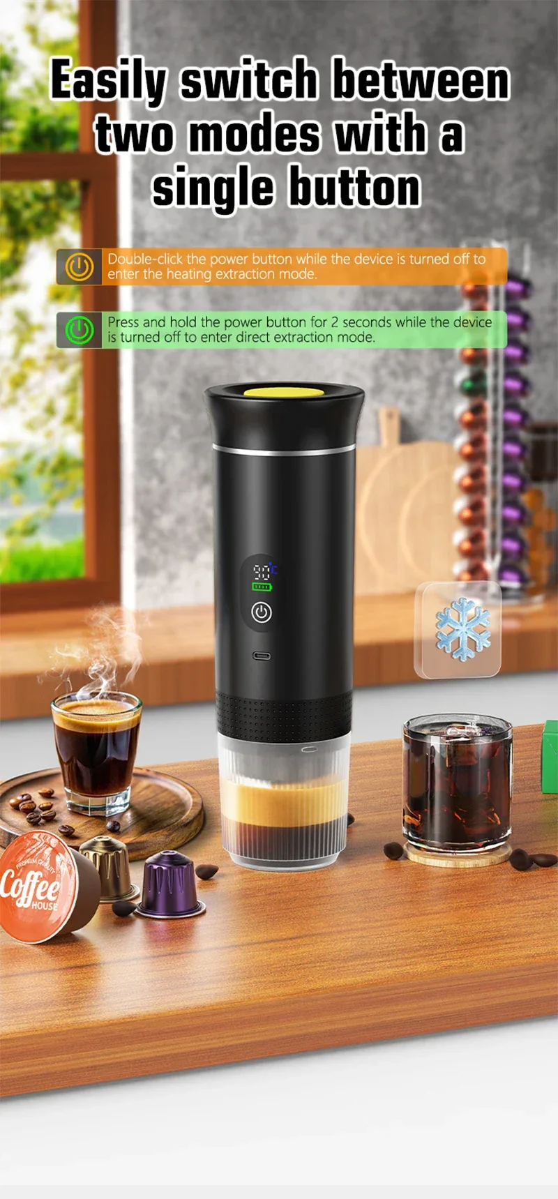 DENOKIN Portable Espresso Coffee Machine With Digital Display 3-in-1 Capsule Coffee Maker for Car & Home Camping Coffee Maker