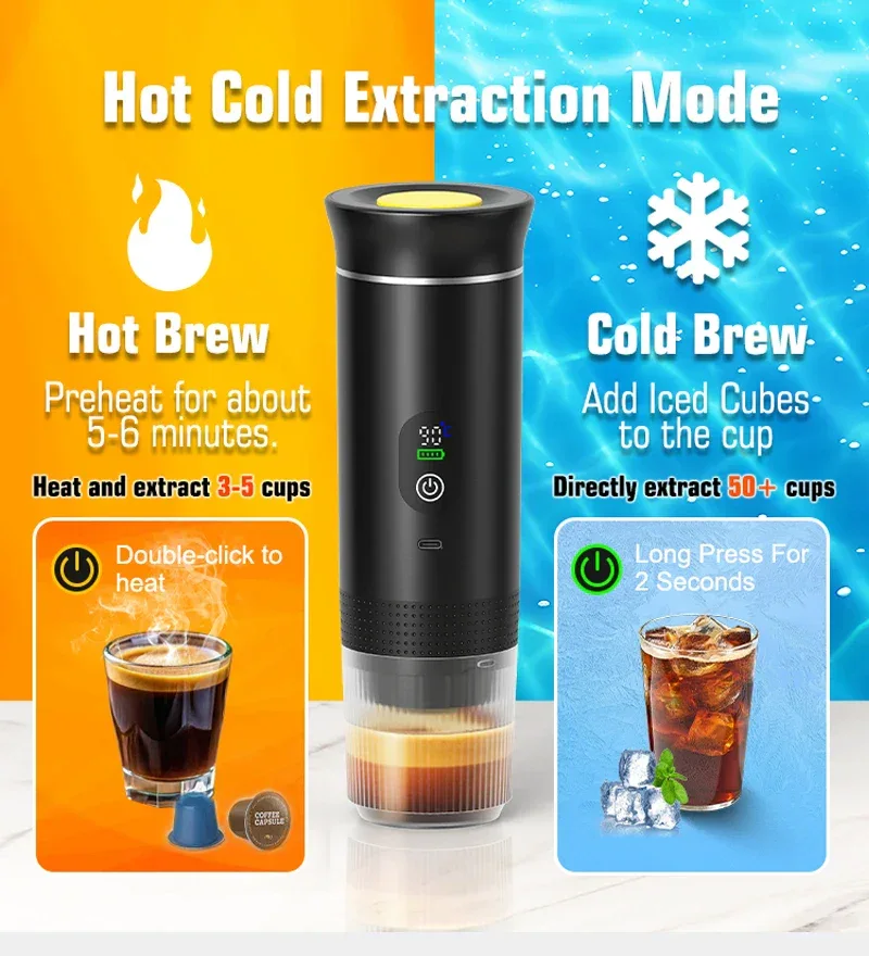 DENOKIN Portable Espresso Coffee Machine With Digital Display 3-in-1 Capsule Coffee Maker for Car & Home Camping Coffee Maker
