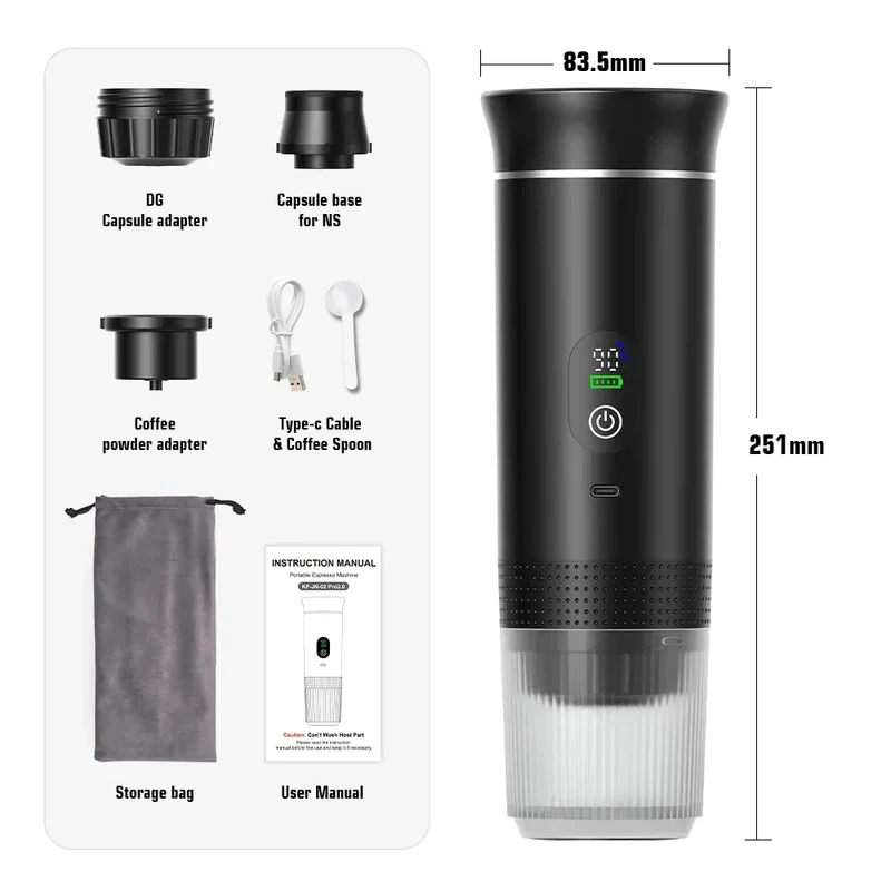 DENOKIN Portable Espresso Coffee Machine With Digital Display 3-in-1 Capsule Coffee Maker for Car & Home Camping Coffee Maker