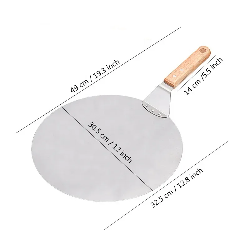 Stainless Steel Pizza Peel Wooden Handle Pizza Shovel Round Paddle Pizza Peels Cake Shovel Spatula Baking Tools