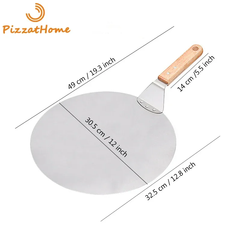 Stainless Steel Pizza Peel Wooden Handle Pizza Shovel Round Paddle Pizza Peels Cake Shovel Spatula Baking Tools
