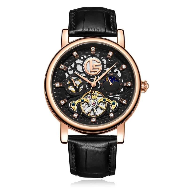 Tourbillon Watch for Men Mechanical Skeleton Mens Watches High Quality Luxury Engraved Vintage Moon Phase Leather Watch