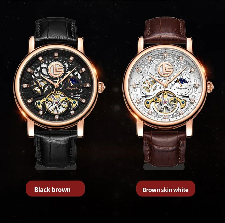 Tourbillon Watch for Men Mechanical Skeleton Mens Watches High Quality Luxury Engraved Vintage Moon Phase Leather Watch