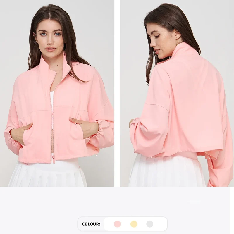 Custom logo Loose Fitness Summer Cool Feel UPF 50+ Stand Collar Drawstring Zip up Quick Dry Running Yoga Sports Jacket for Women